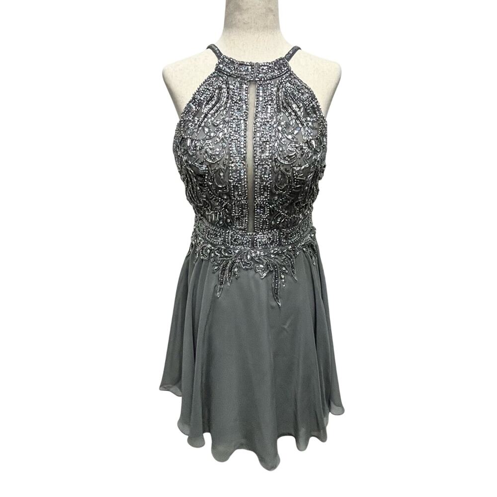 Jovani Beaded Dress Silver Prom Homecoming Formal Backless High Neck Juniors 10